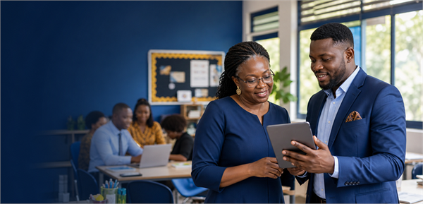 An education consultant and school leader reviewing school growth insights together